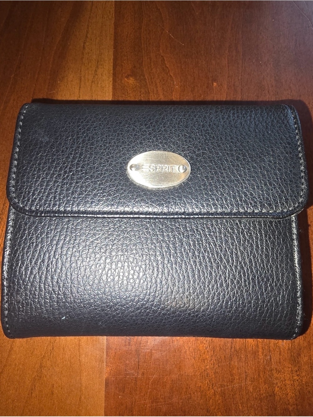 Vintage Esprit Black Pebbled Leather Compact Wallet Tri-Fold Silver Logo